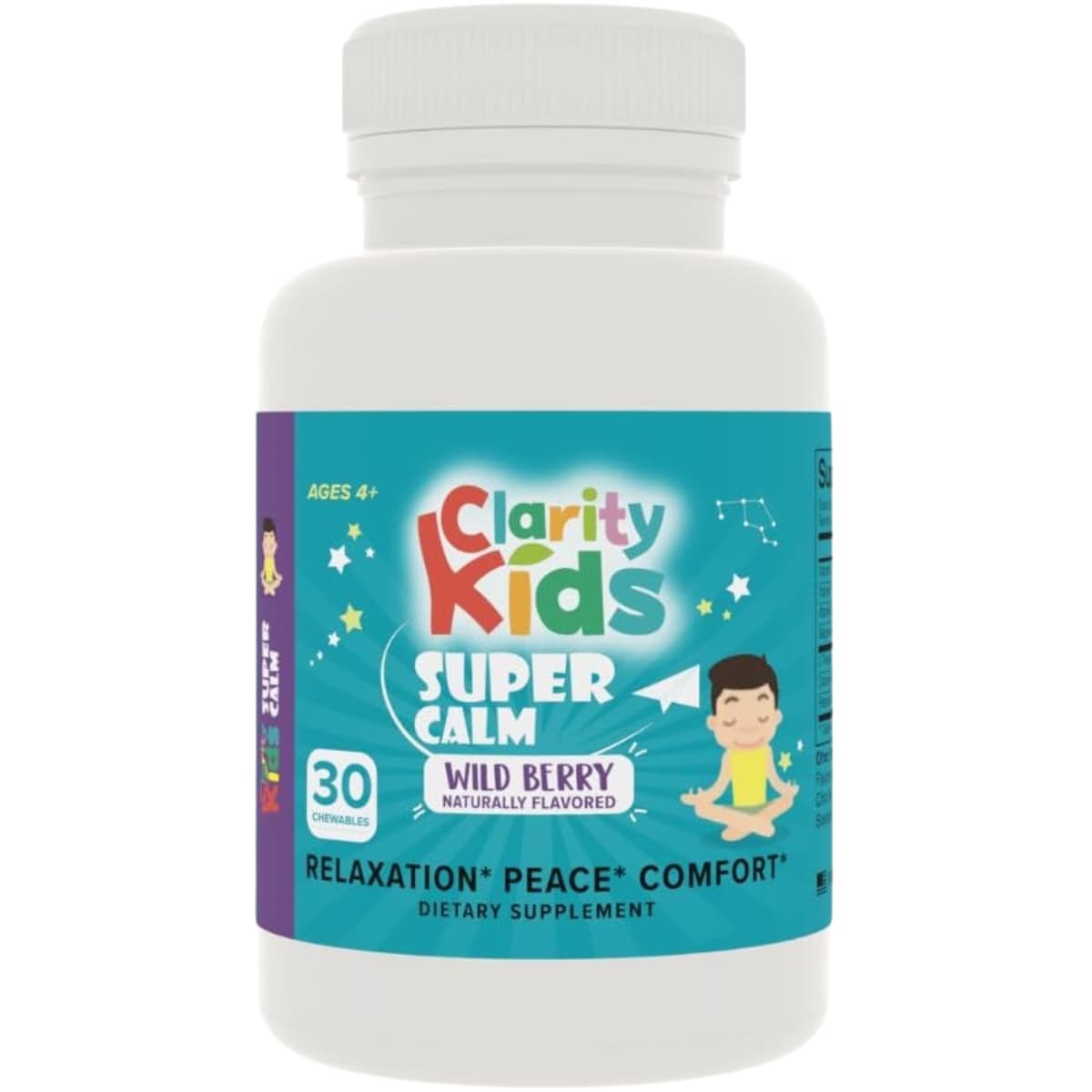 Frasco frontal de Clarity Kids Super Calm con 30 masticables