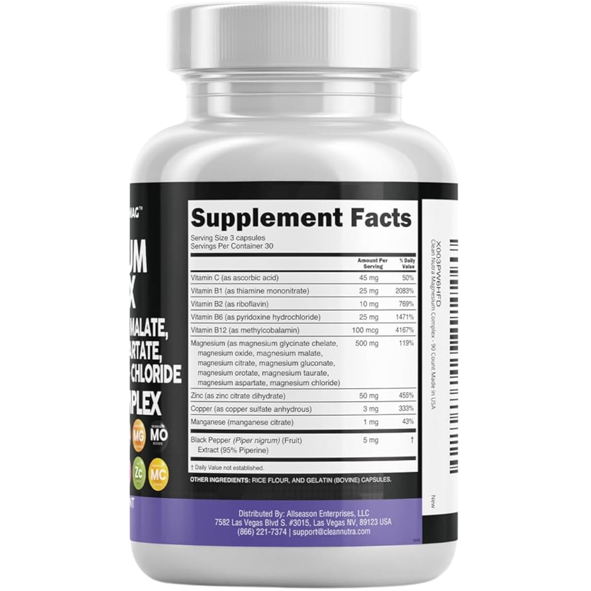 Tabla nutricional del suplemento Clean Nutra Magnesio Elemental 90 cápsulas