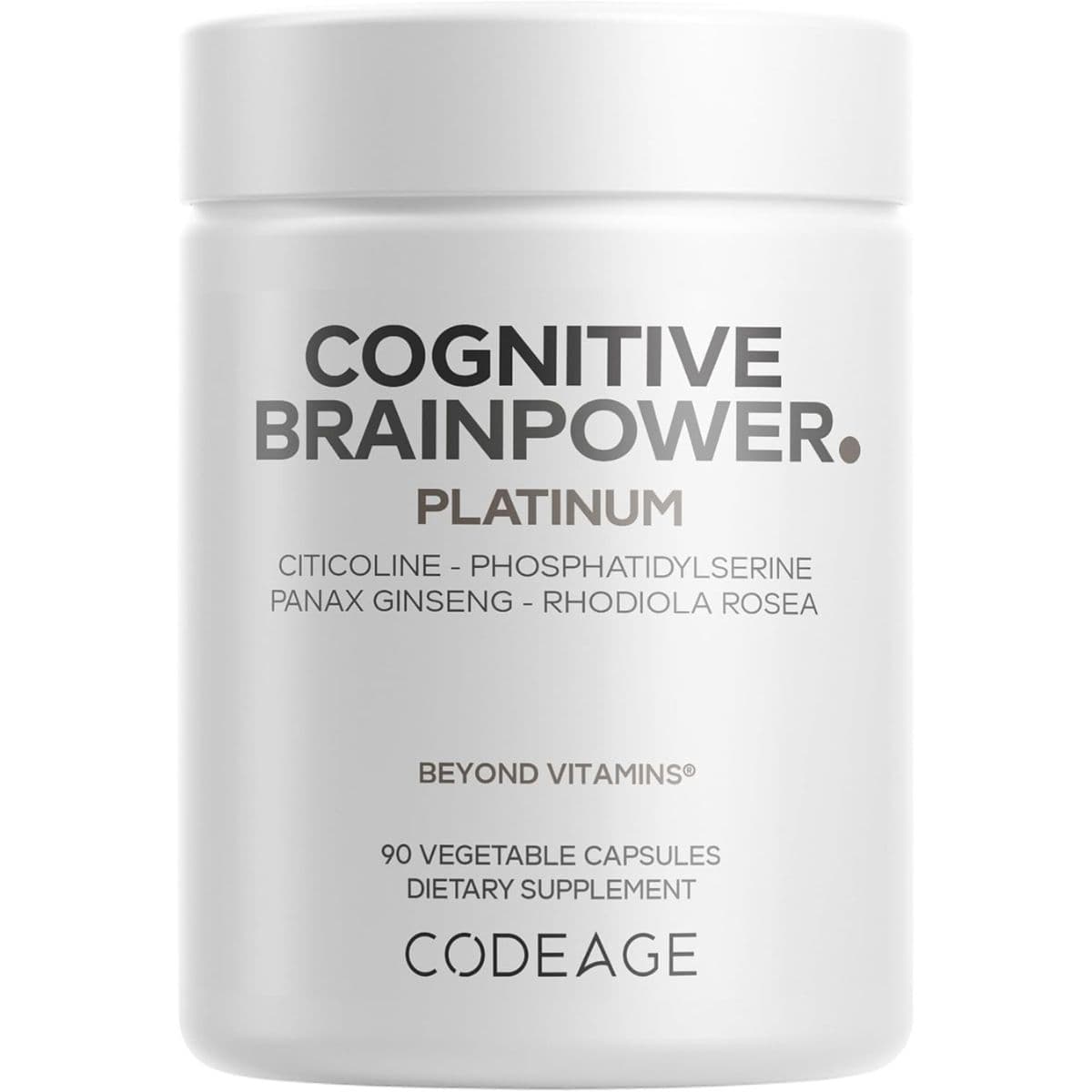 Frasco frontal de Codeage Cognitive Brainpower Platinum, presentación de 90 cápsulas vegetales.