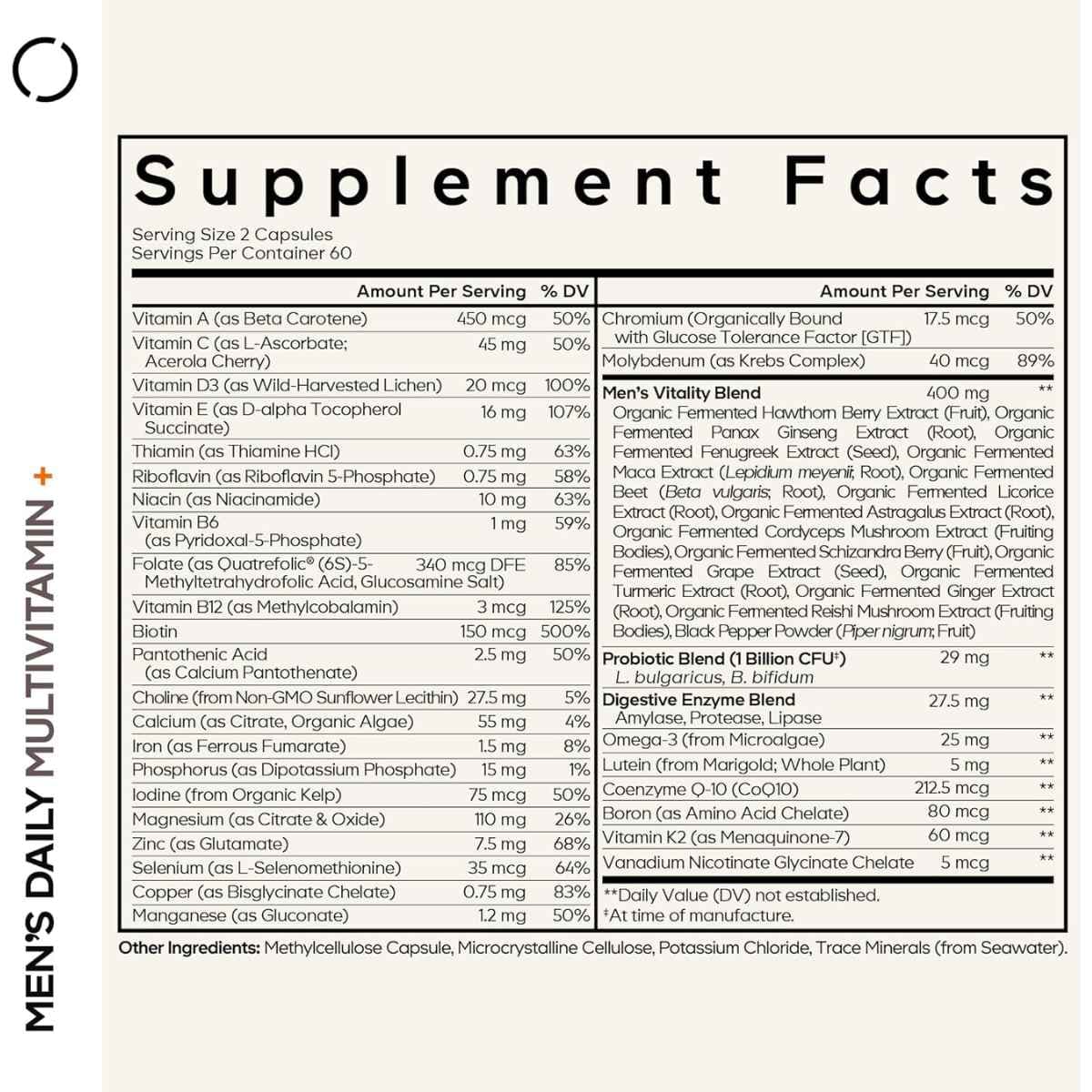 Tabla nutricional del suplemento Codeage Multivitamínico Fermentado para Hombres 120 cápsulas vegetales