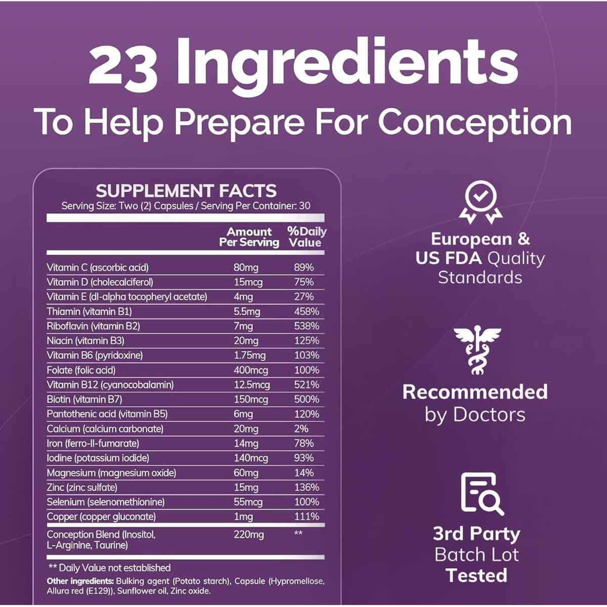 Tabla nutricional del suplemento Conceive Plus Soporte a la Fertilidad con Folato 60 cápsulas