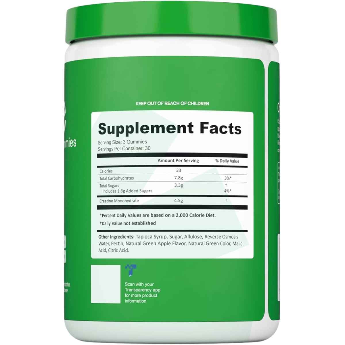 Tabla nutricional del suplemento Create Monohidrato de Creatina sabor Manzana Verde 90 gomitas
