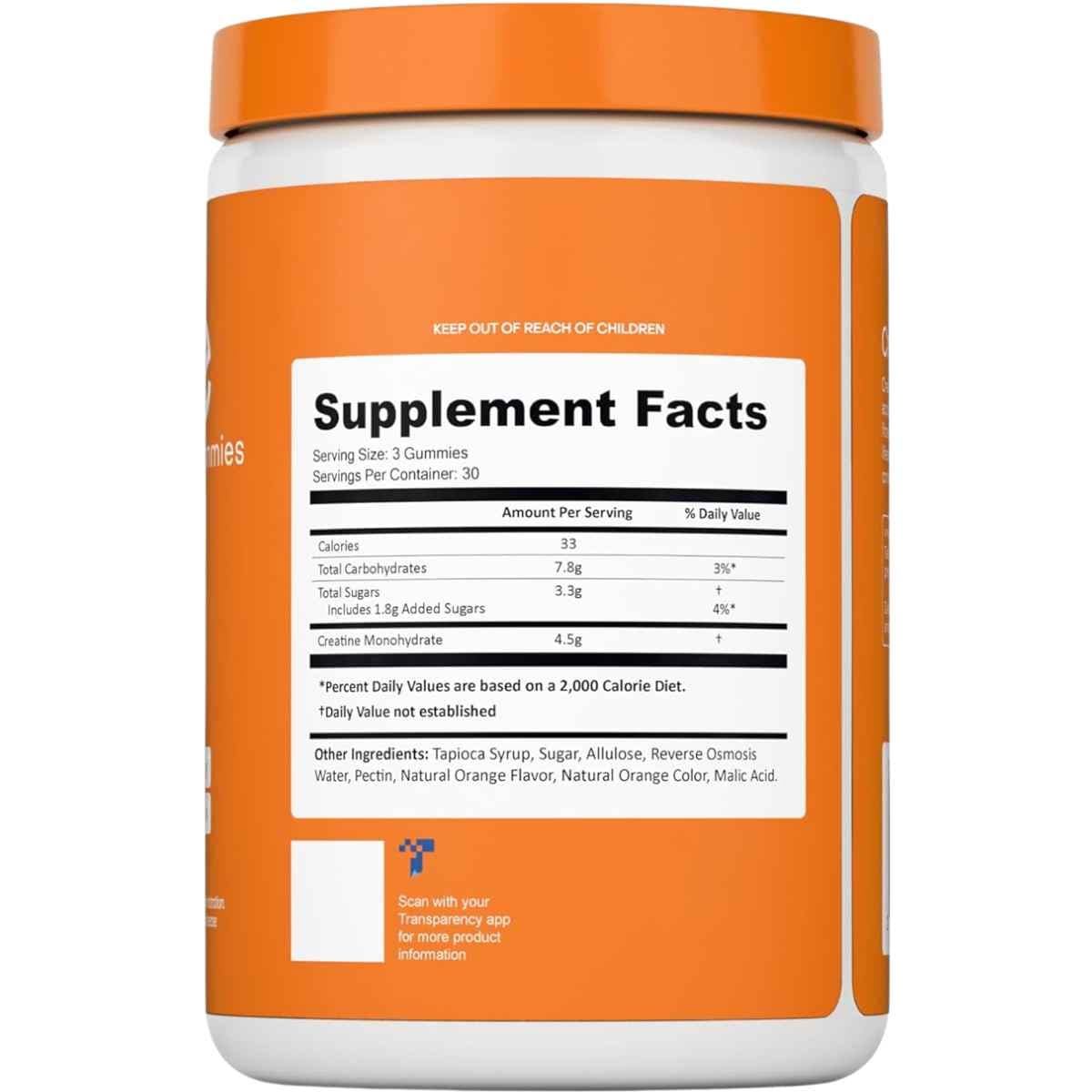 Tabla nutricional del suplemento Create Monohidrato de Creatina sabor Naranja 90 gomitas