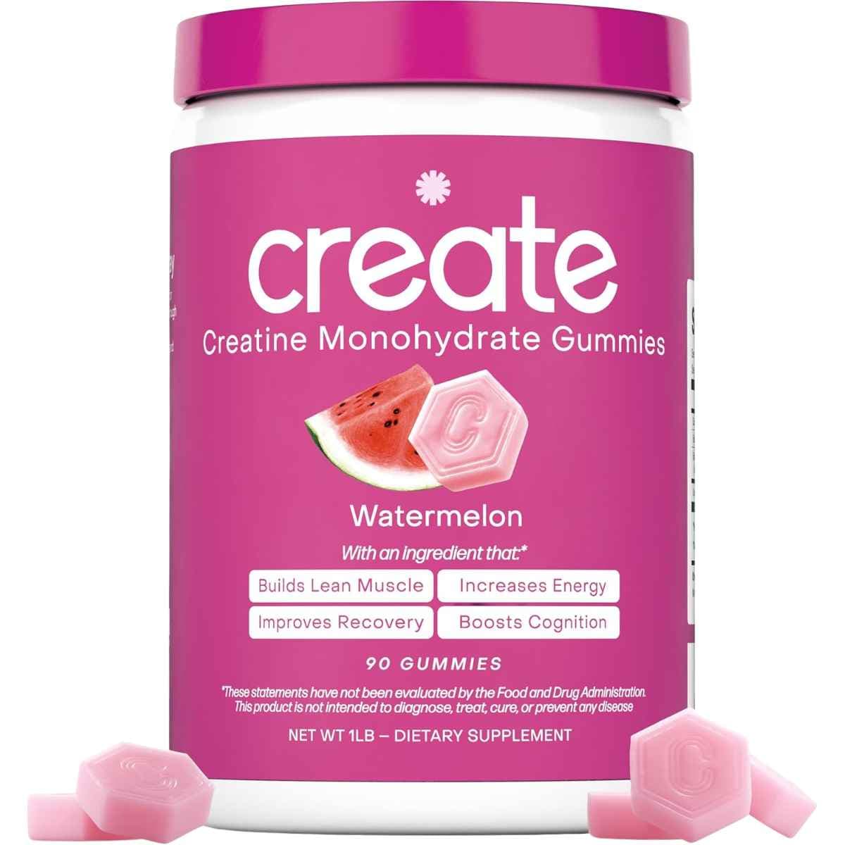 Frasco de suplemento Create Monohidrato de Creatina sabor Sandía 90 gomitas