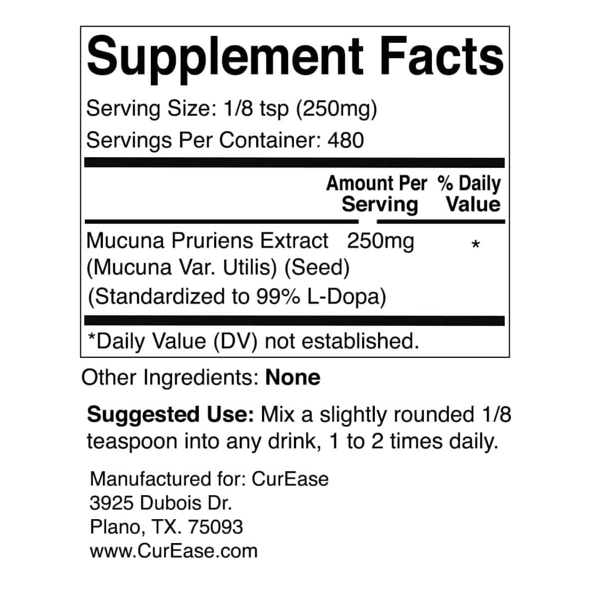 Tabla nutricional del suplemento CurEase Extracto de Mucuna Pruriens 120 g