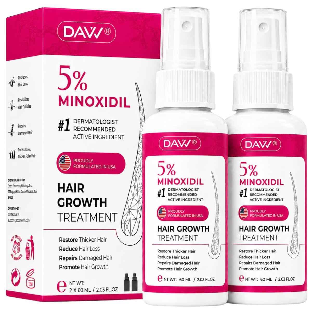 DAVV Minoxidil 5 % para el crecimiento capilar en spray, caja y dos frascos de 60 mL, vista frontal