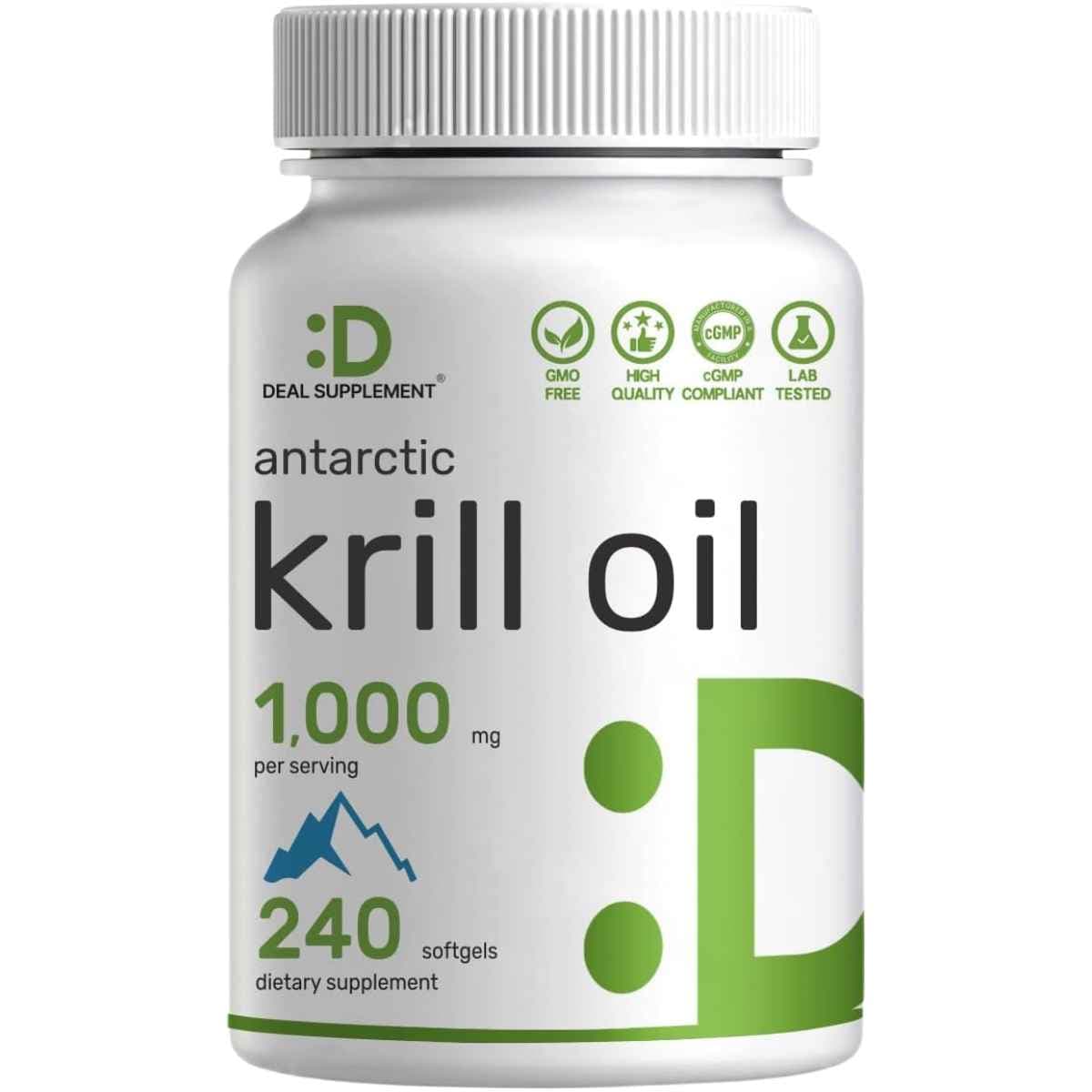 Frasco de Deal Supplement Aceite de Krill Antártico 1000 mg por porción, presentación de 240 cápsulas blandas