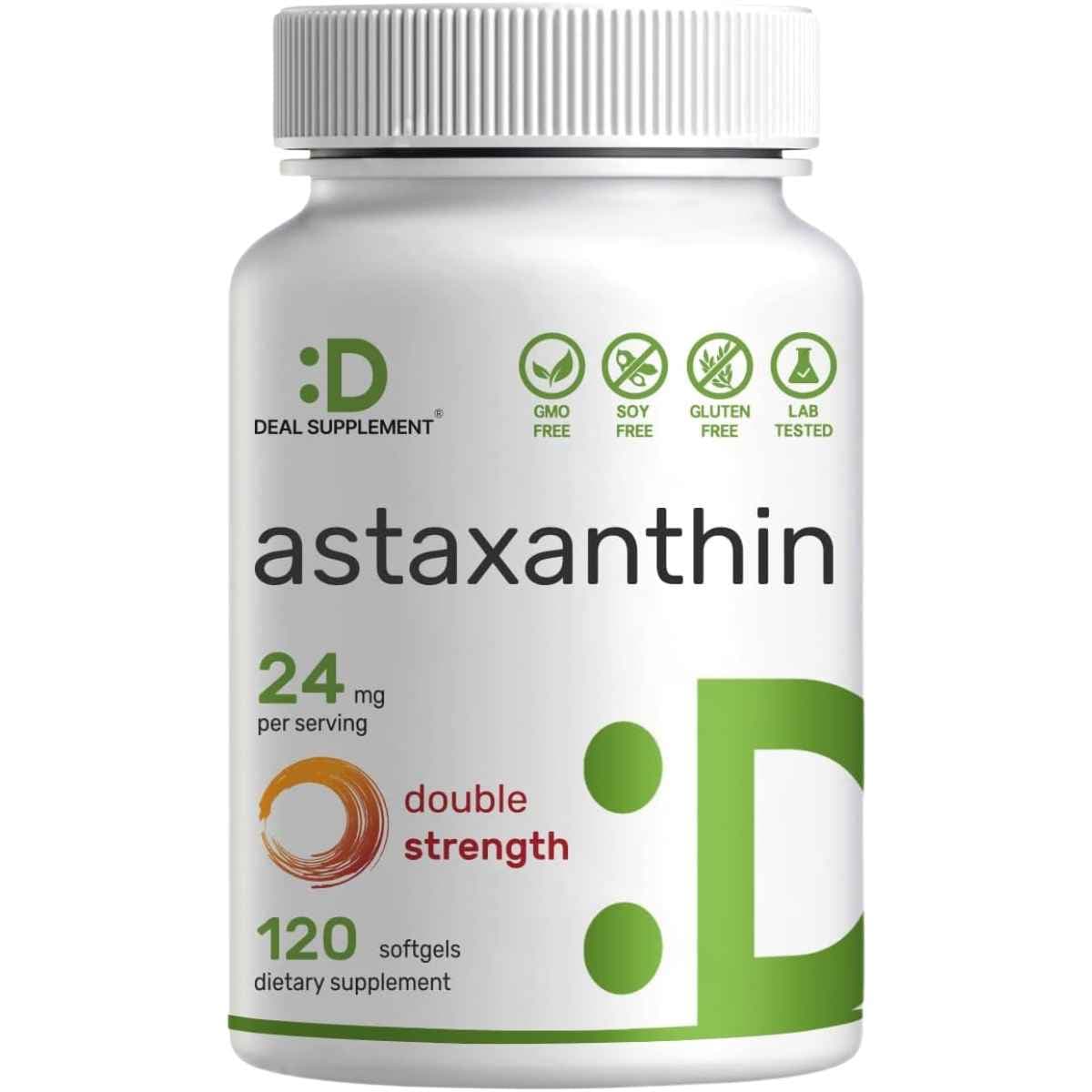 Frasco frontal de Deal Supplement astaxantina 24 mg, presentación de 120 cápsulas blandas