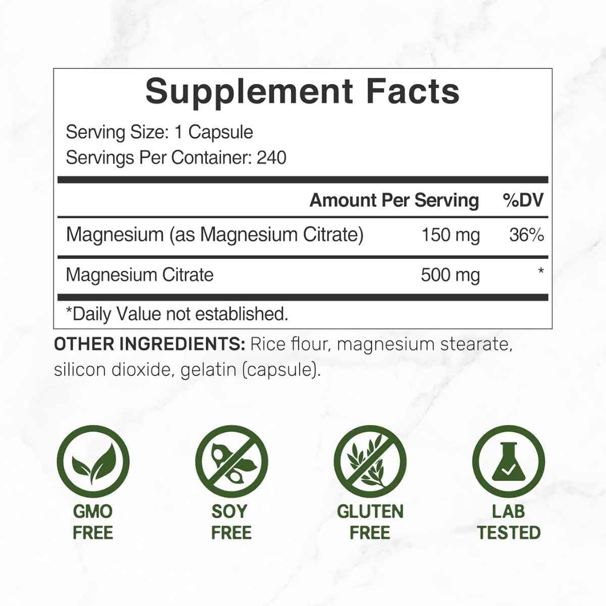Tabla nutricional del suplemento DEAL SUPPLEMENT® Citrato de Magnesio 500 mg - 240 Cápsulas