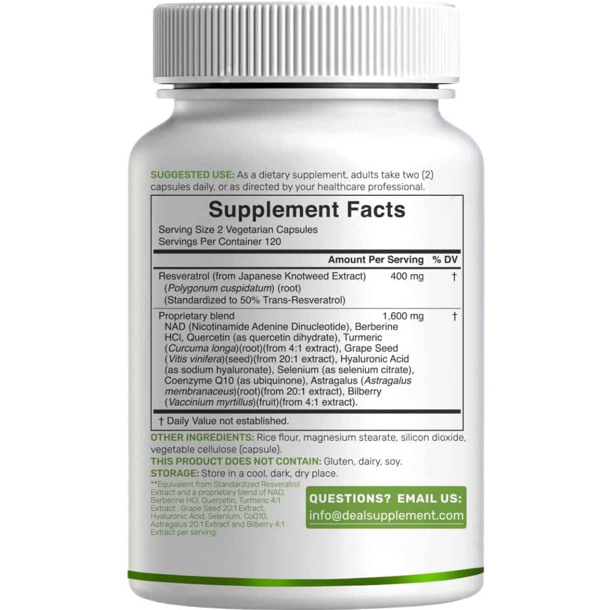 Información del suplemento Deal Supplement Complejo de Resveratrol 2000 mg, 240 cápsulas