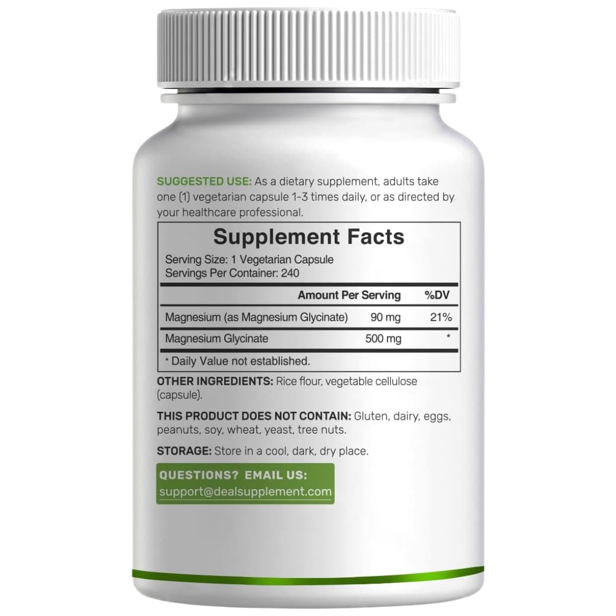 Tabla nutricional del suplemento Deal Supplement Glicinato de Magnesio 500 mg 240 cápsulas