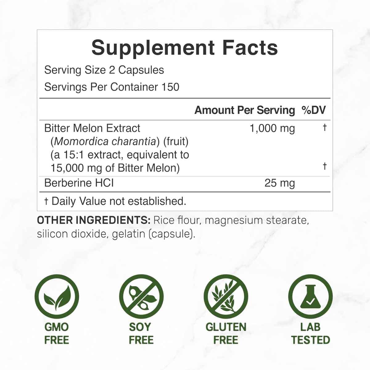 Tabla nutricional del suplemento Deal Supplement Melón Amargo con Berberina 15.000 mg 300 cápsulas