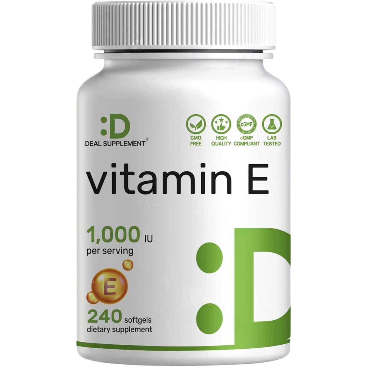 Frasco del suplemento Deal Supplement Vitamina E en cápsulas blandas, presentación de 240 unidades.