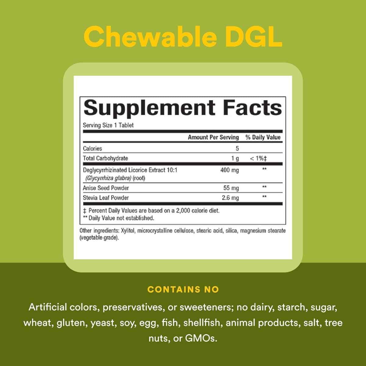 Tabla nutricional del suplemento DGL Extracto de Raíz de Regaliz Desglicirrizinado 180 tabletas masticables
