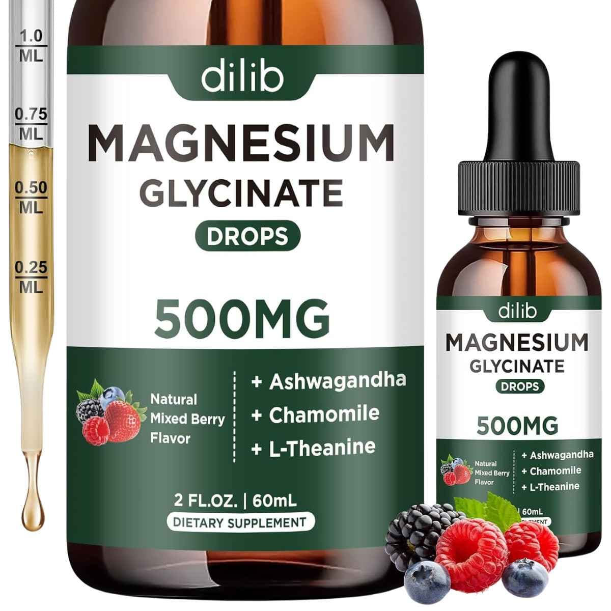 Frasco de dilib glicinato de magnesio líquido 500 mg sabor bayas mixtas