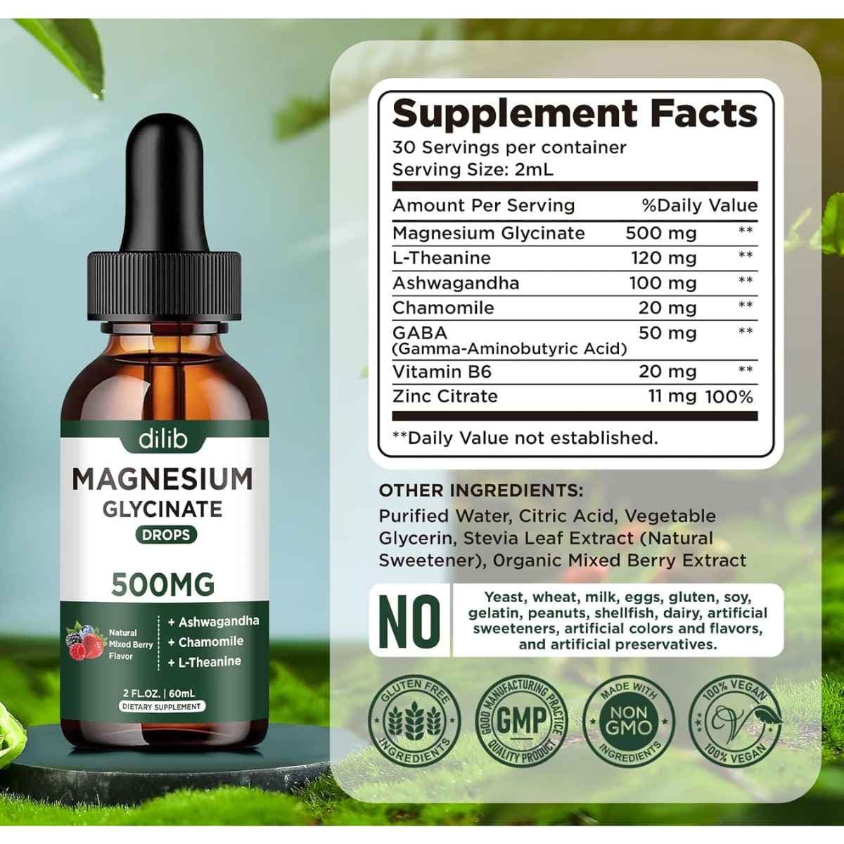 Etiqueta Supplement Facts de dilib glicinato de magnesio líquido sabor bayas mixtas