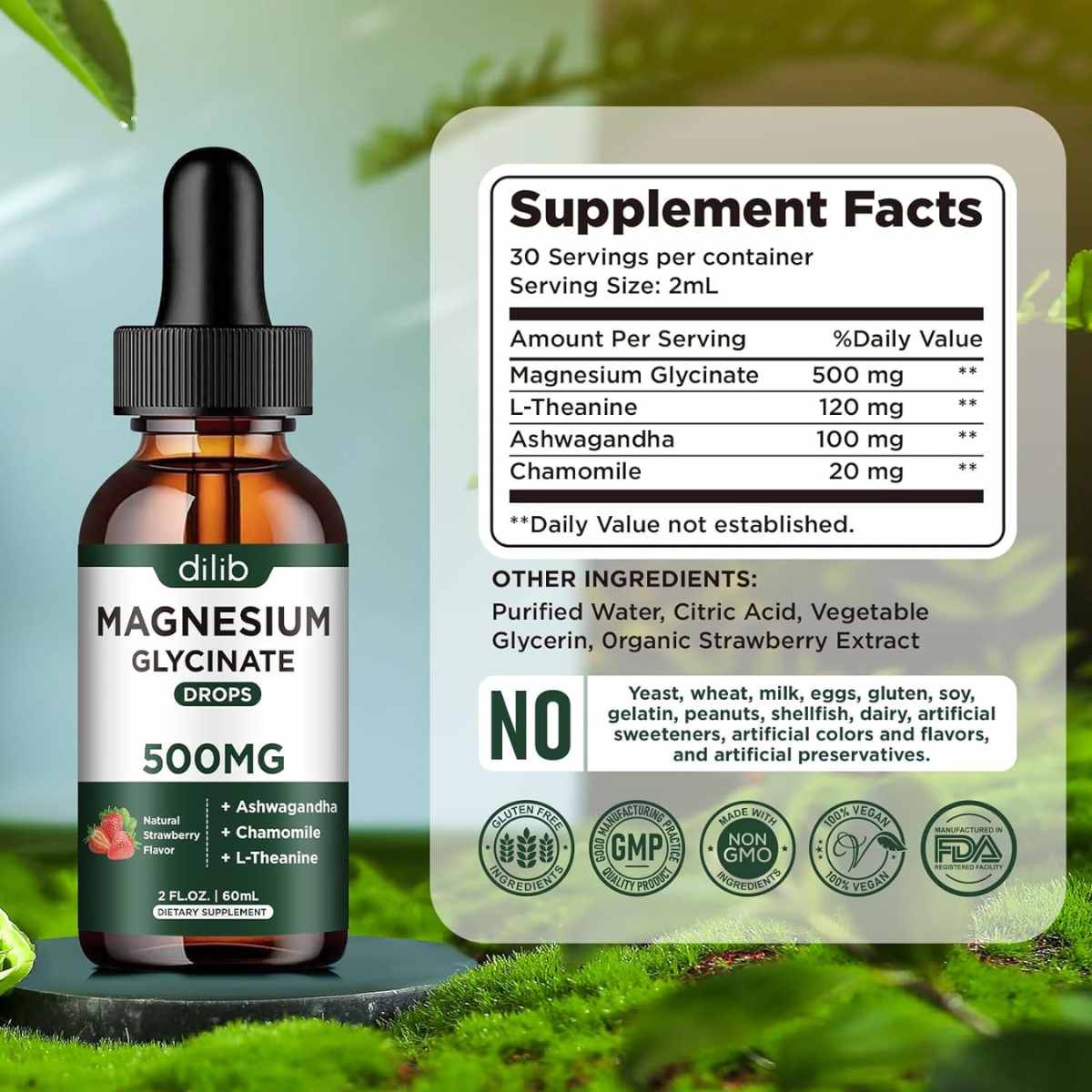 Etiqueta Supplement Facts de dilib glicinato de magnesio líquido sabor fresa