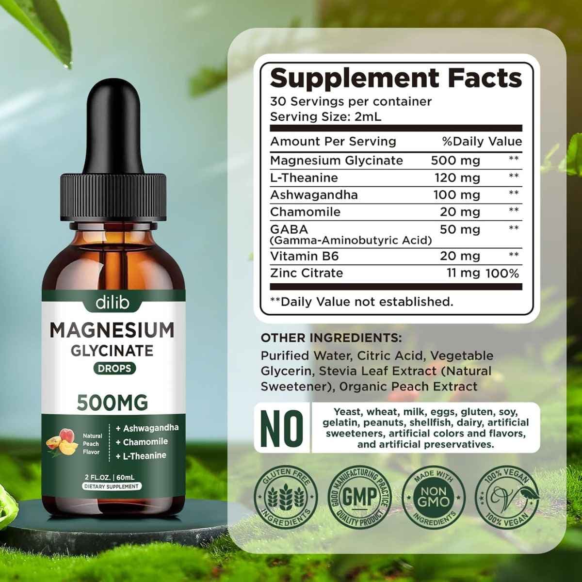 Etiqueta Supplement Facts de dilib glicinato de magnesio líquido sabor melocotón