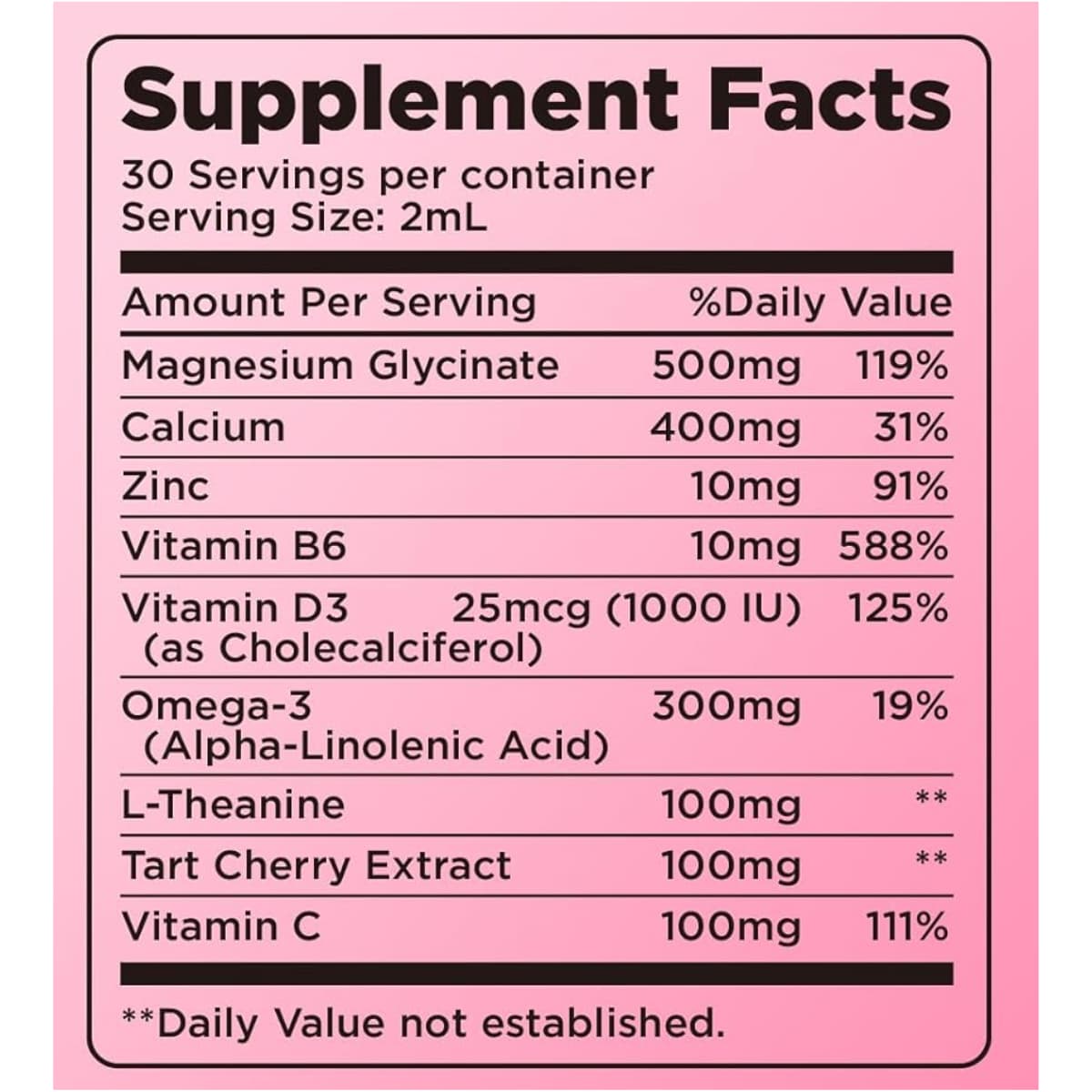 Tabla nutricional del suplemento alimenticio dilib magnesio glicinato en gotas 500 mg sabor cereza, con ingredientes y cantidades por porción
