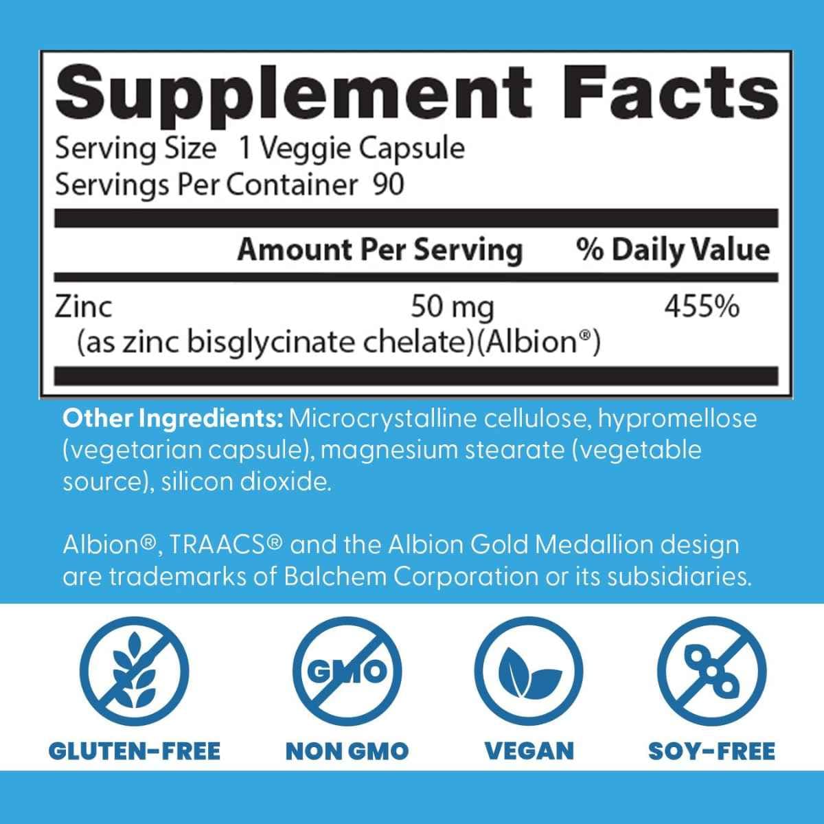 Tabla nutricional del suplemento Doctor's Best Bisglicinato de Zinc de Alta Absorción 90 cápsulas
