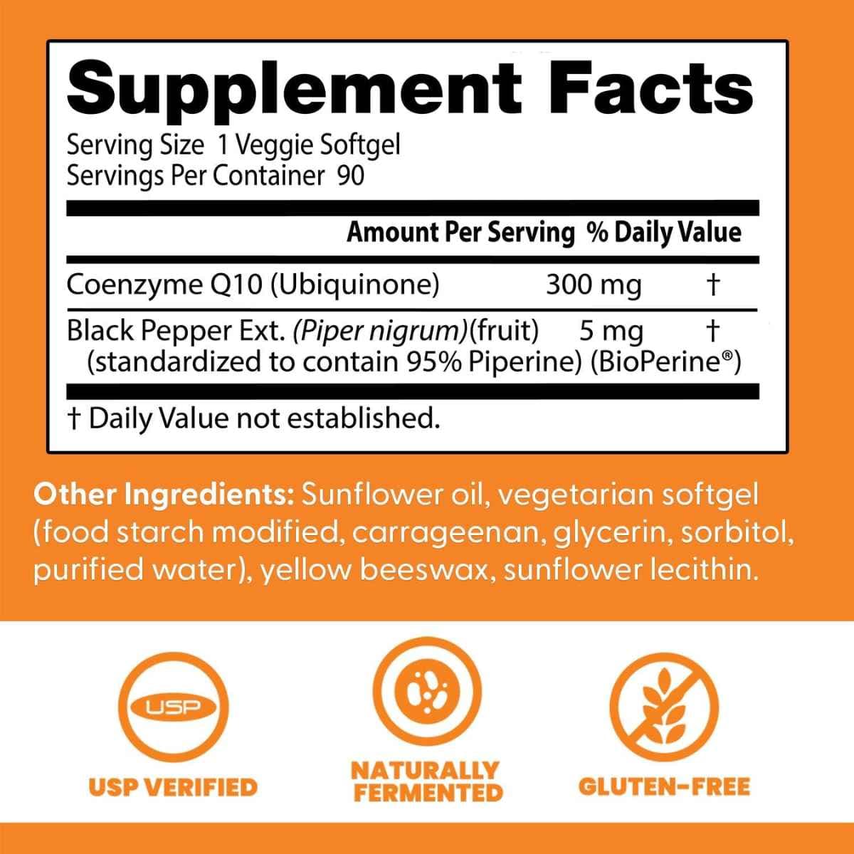 Tabla nutricional del suplemento Doctor's Best Coenzima Q10 con BioPerine 300 mg 90 cápsulas blandas