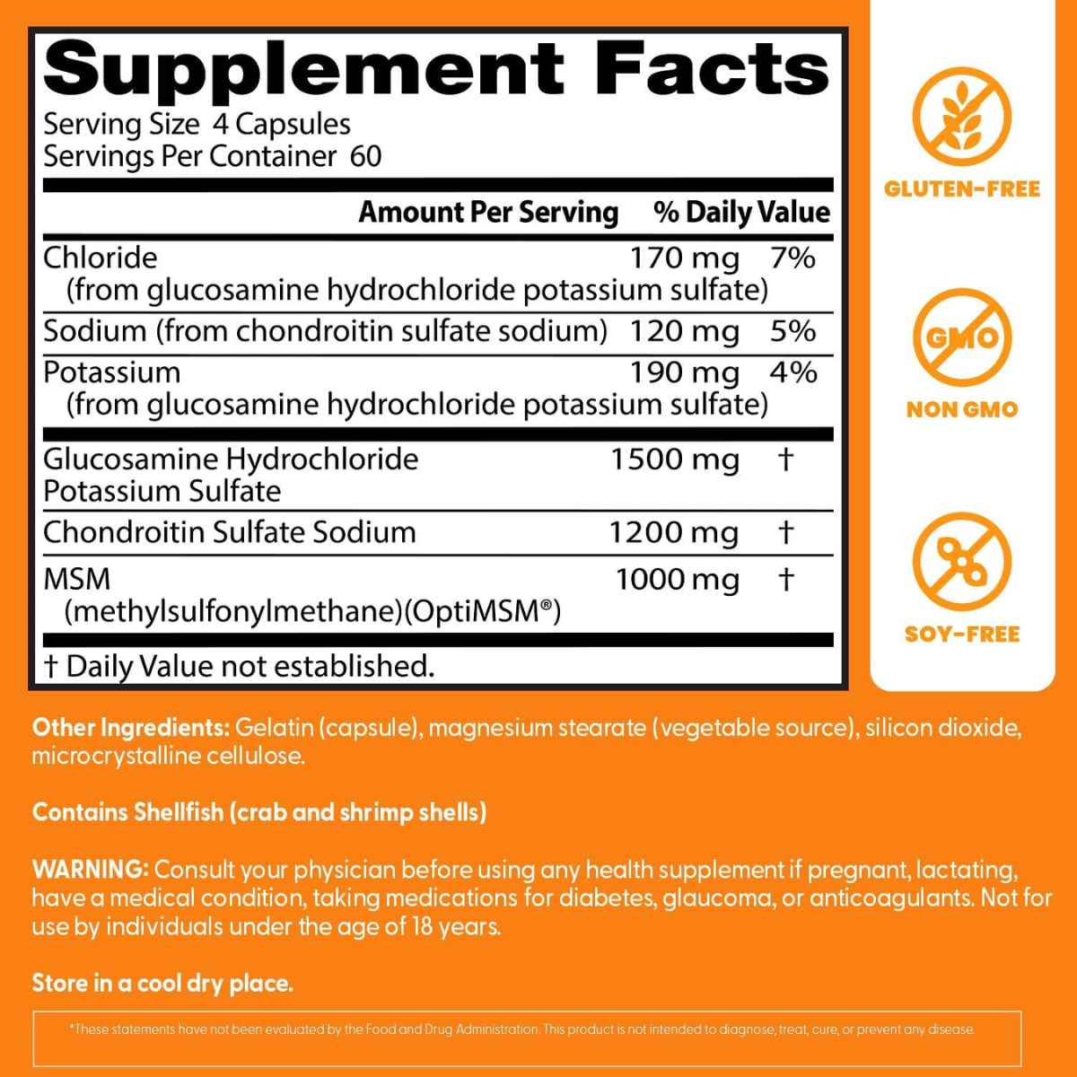 Etiqueta de Doctor’s Best Glucosamina con Condroitina y MSM de 240 cápsulas con tabla del suplemento