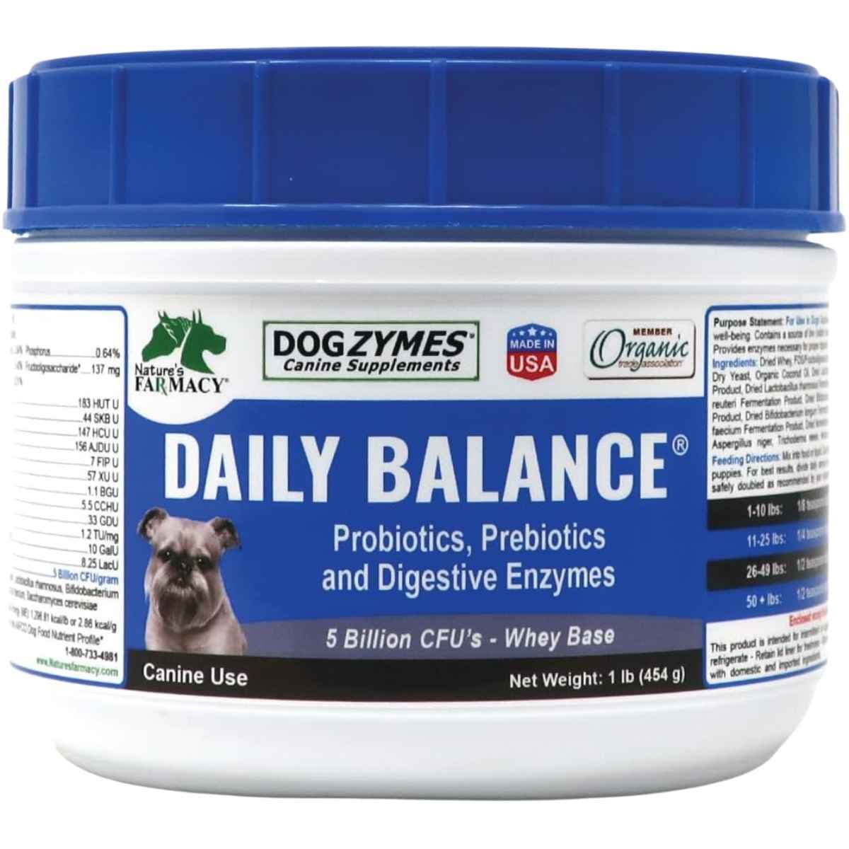 Envase frontal de Dogzymes Daily Balance en polvo para perros, presentación de 1 lb