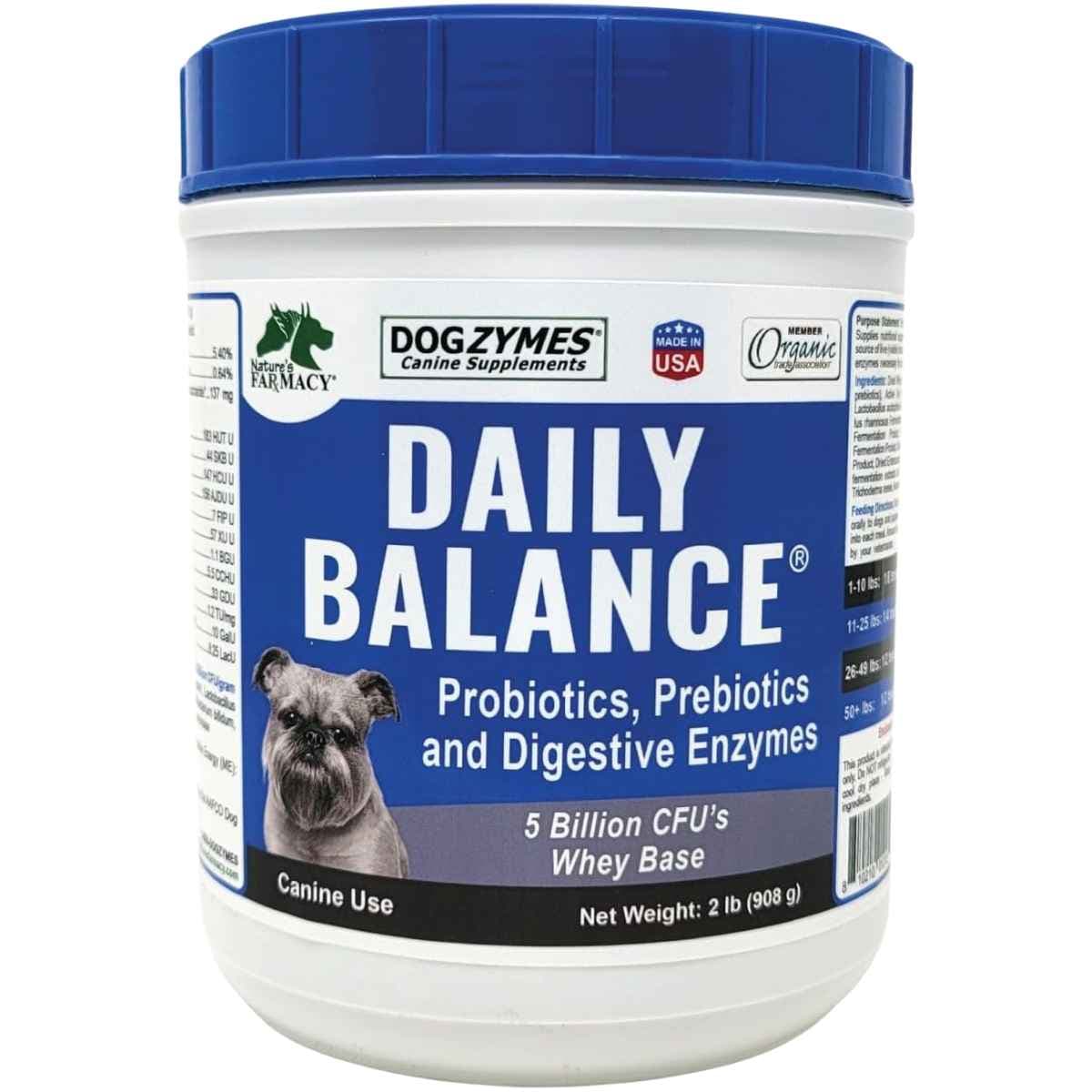 Envase frontal de Dogzymes Daily Balance en polvo para perros, presentación de 2 lb