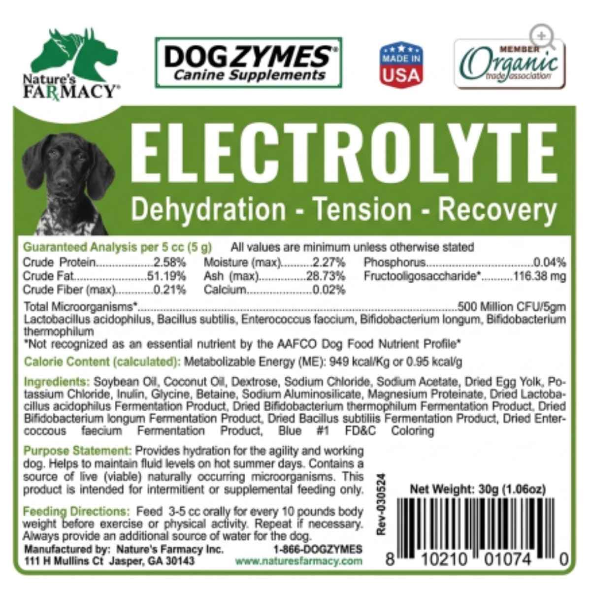 Etiqueta de Dogzymes Canine Electrolyte Paste de 30 cc con análisis garantizado, ingredientes e instrucciones de uso