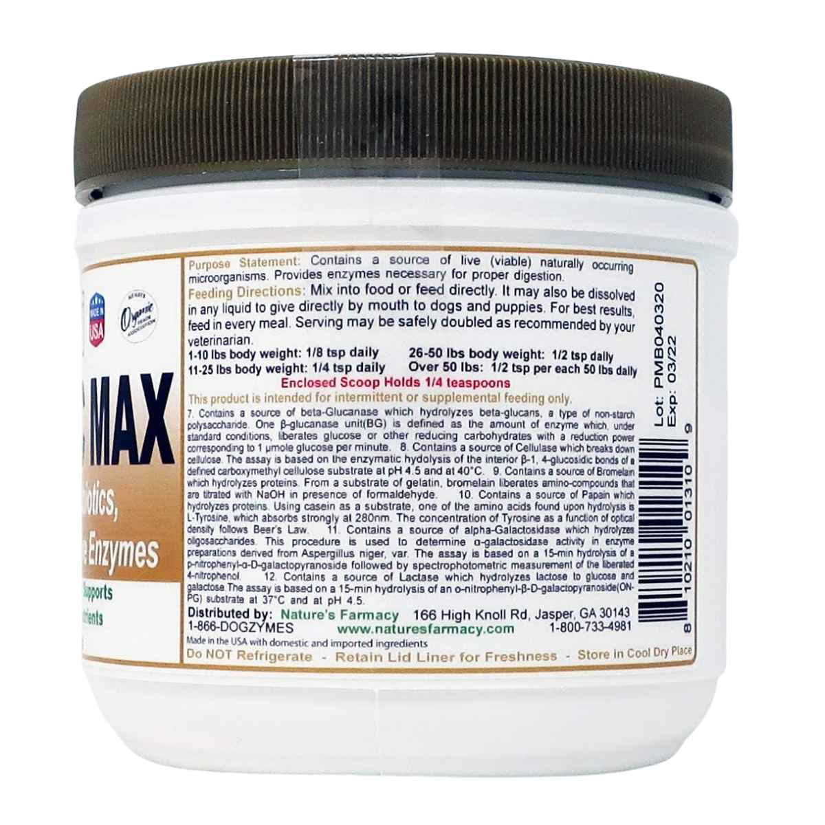 Dogzymes Probiotic Max para perros de 227 g, instrucciones de uso e información posterior