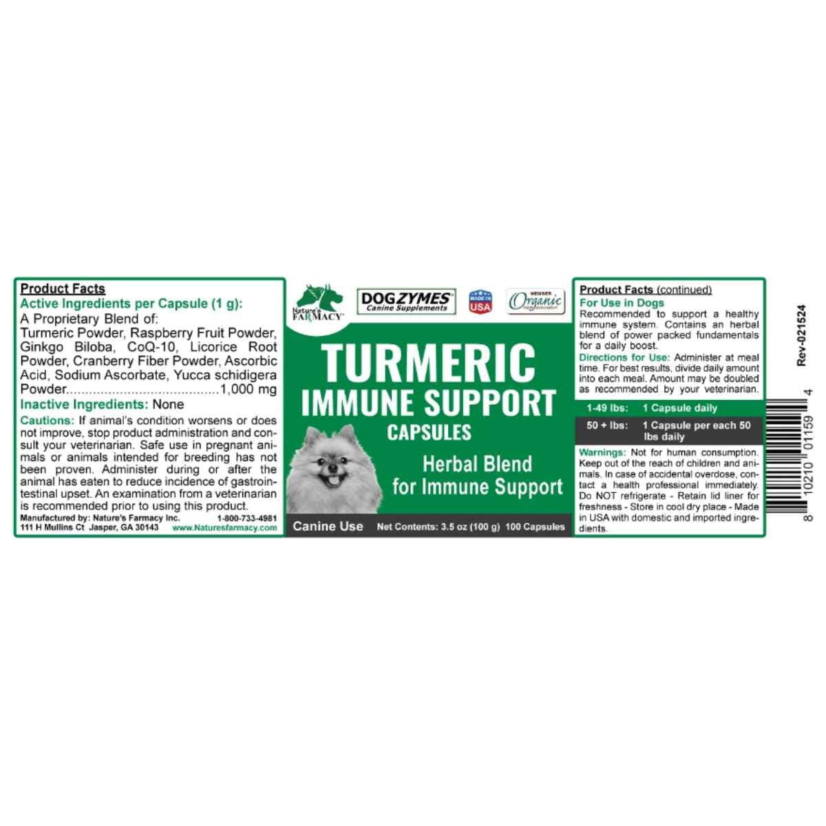 Etiqueta de Dogzymes Turmeric Immune Support Capsules con ingredientes, modo de uso y advertencias