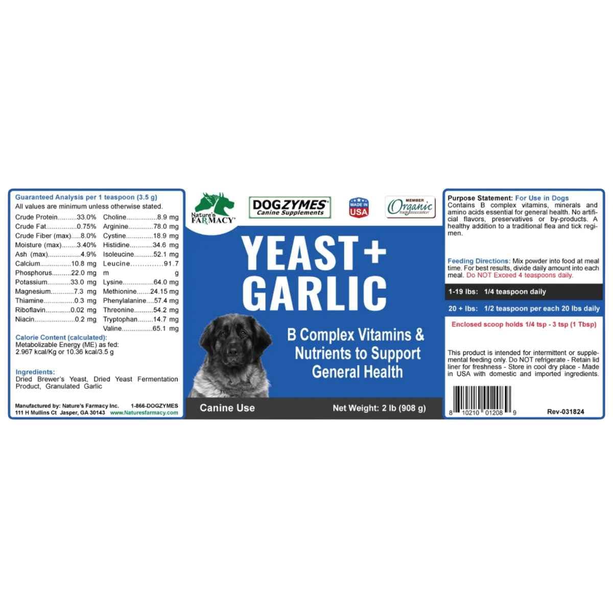 Etiqueta de Dogzymes Yeast + Garlic 2 lb con ingredientes, análisis garantizado e instrucciones