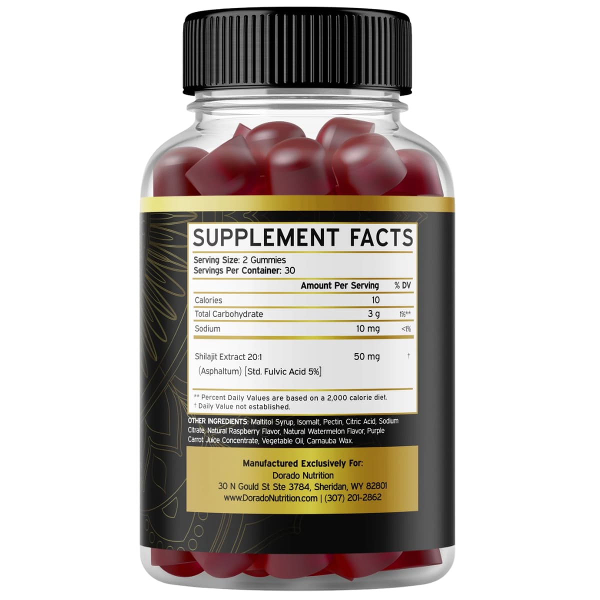 Tabla nutricional del suplemento Dorado Nutrition Shilajit Frambuesa Sandía 60 gomitas