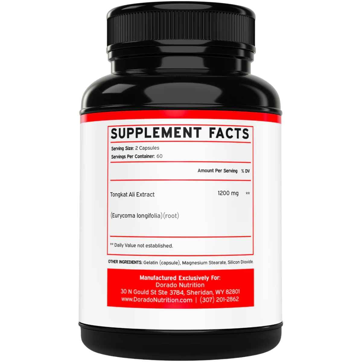 Tabla nutricional del suplemento Dorado Nutrition Tongkat Ali 1200 mg 120 cápsulas
