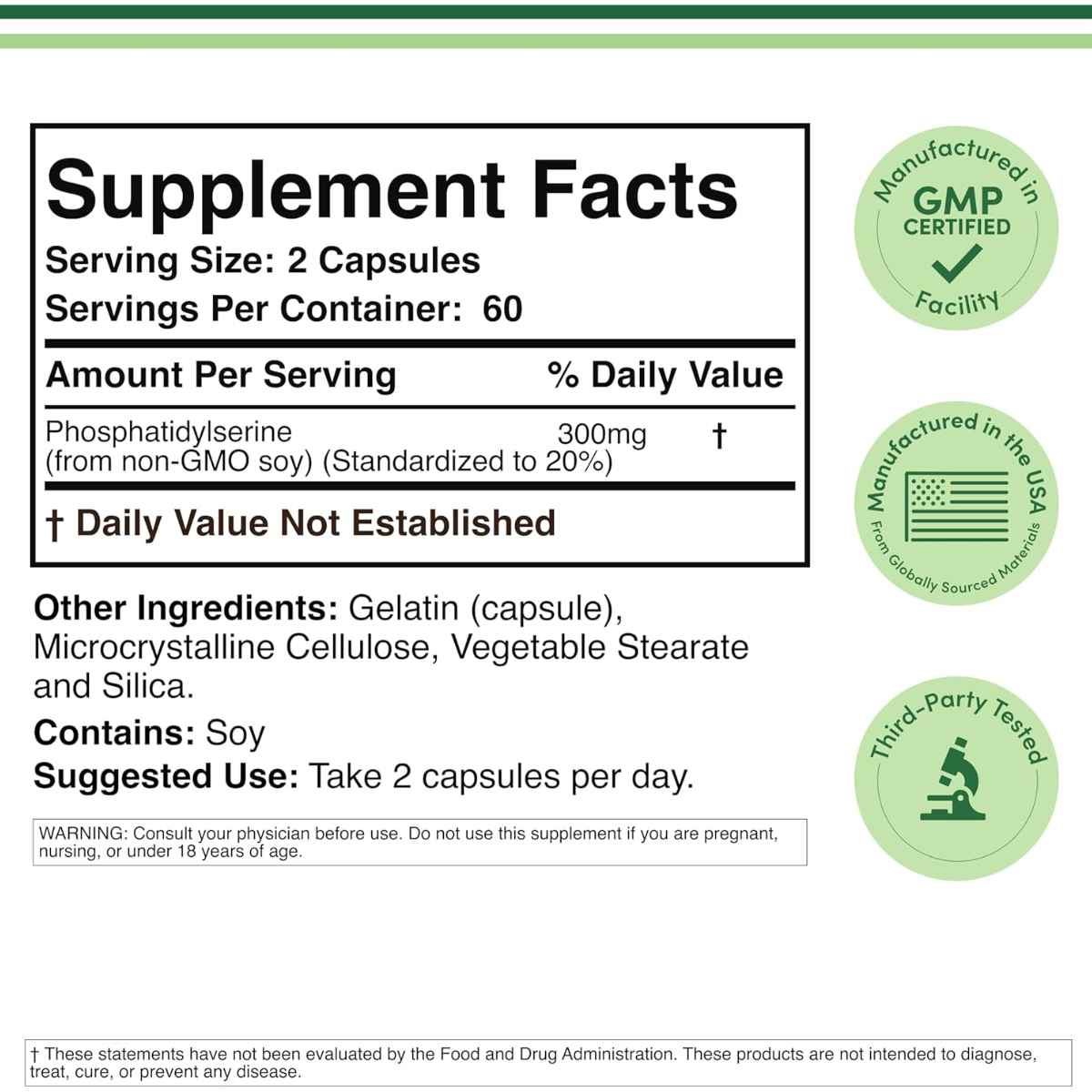 Supplement Facts de Double Wood Fosfatidilserina 300 mg por porción