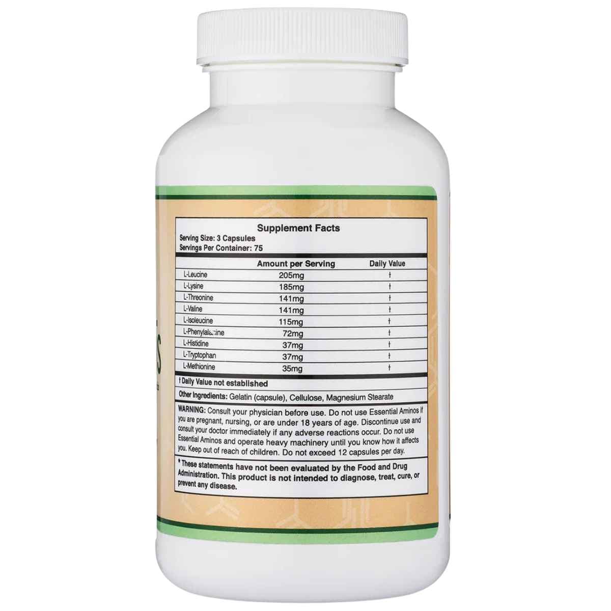 Tabla nutricional del suplemento Double Wood Supplements Aminoácidos Esenciales 225 cápsulas
