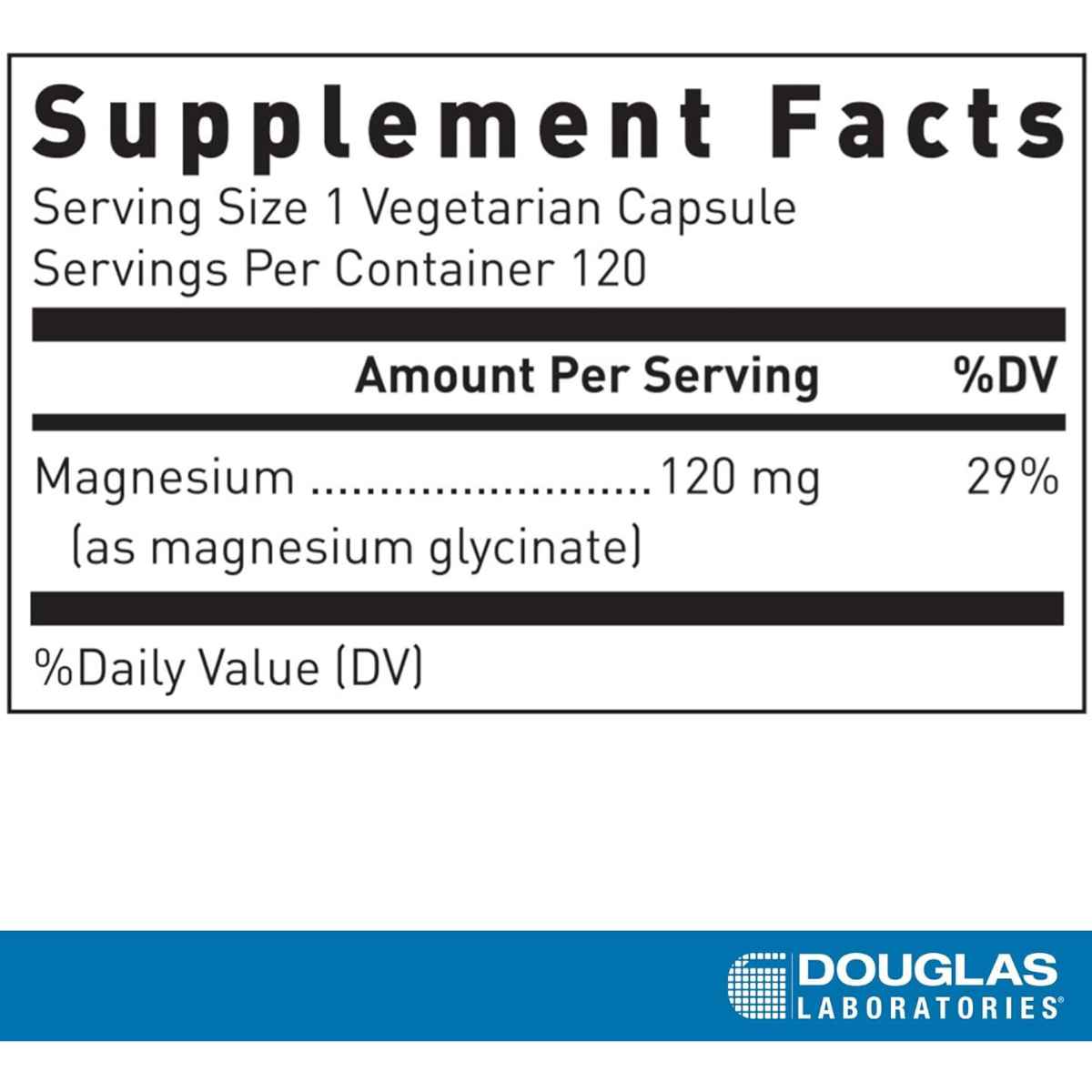 Tabla Supplement Facts de Douglas Laboratories Magnesio Glicinato con 120 cápsulas vegetarianas y dosis de 120 mg por cápsula