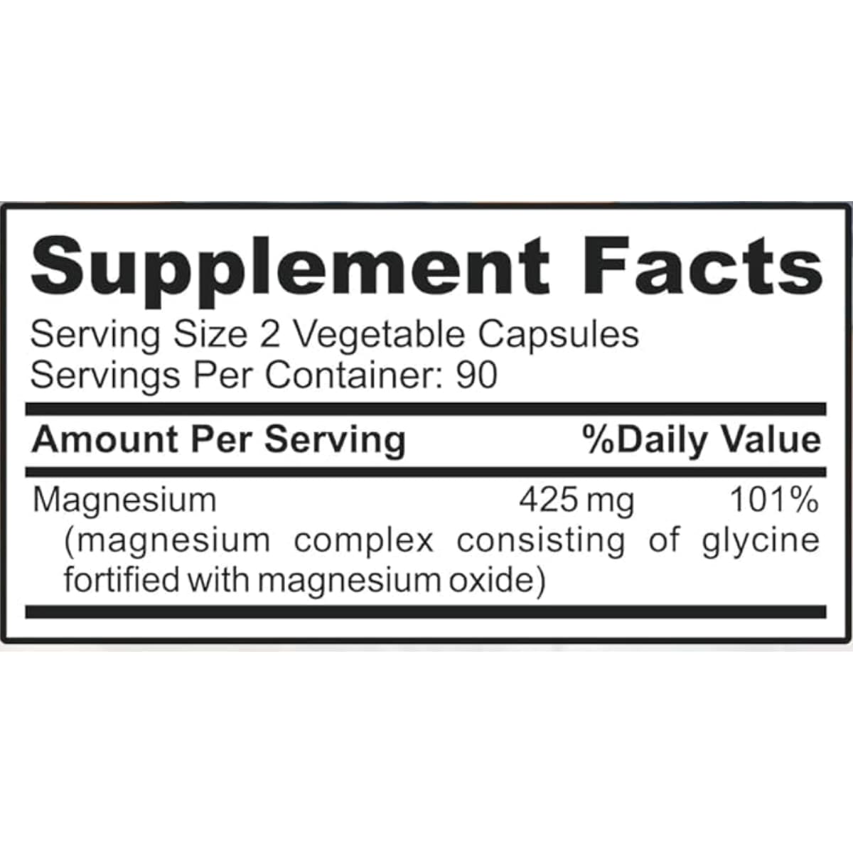 Tabla nutricional Supplement Facts del complejo de glicinato de magnesio 425 mg de DR. MARTIN’S NUTRITION con ingredientes y tamaño de porción.