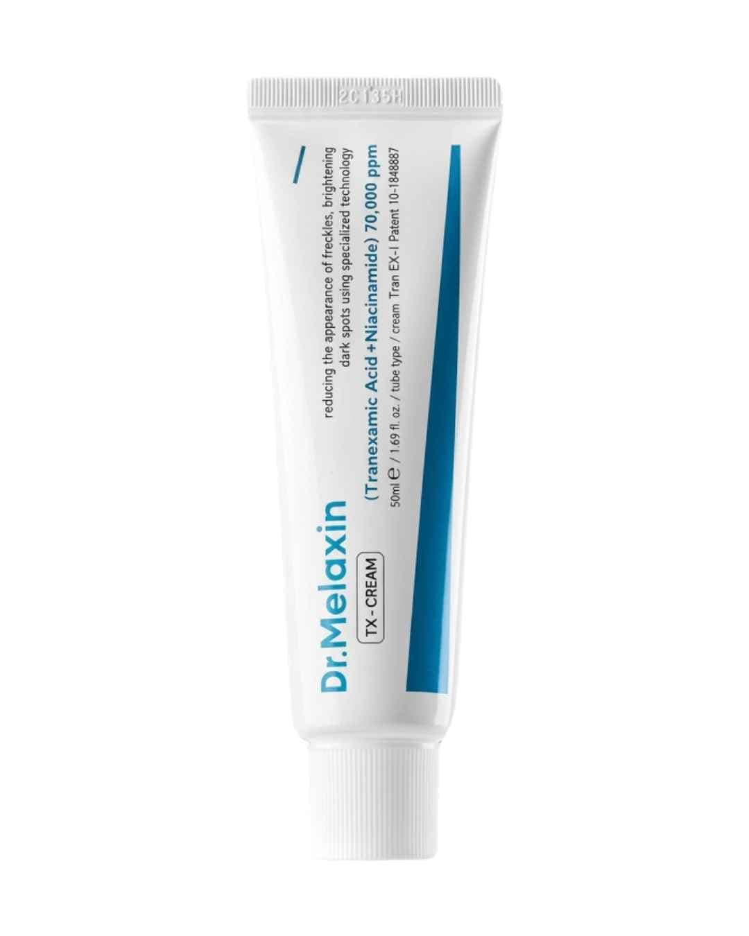 Tubo frontal de Dr.Melaxin TX-CREAM crema facial con ácido tranexámico y niacinamida, presentación de 50 ml.