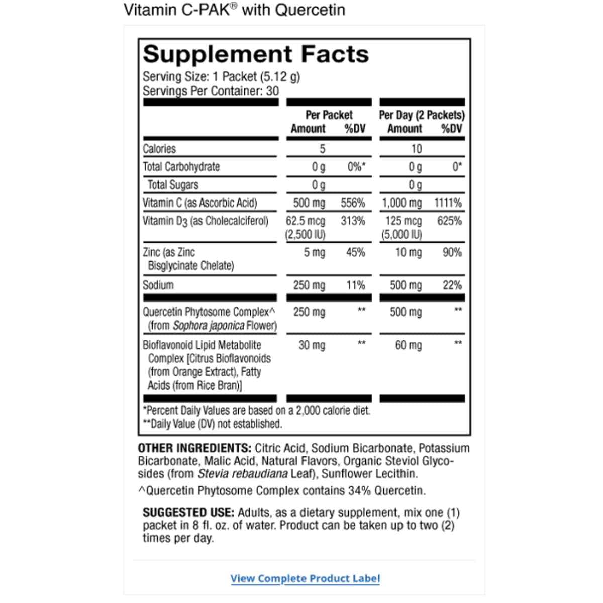 Tabla nutricional del suplemento Dr. Mercola Vitamina C con Quercetina 30 paquetes