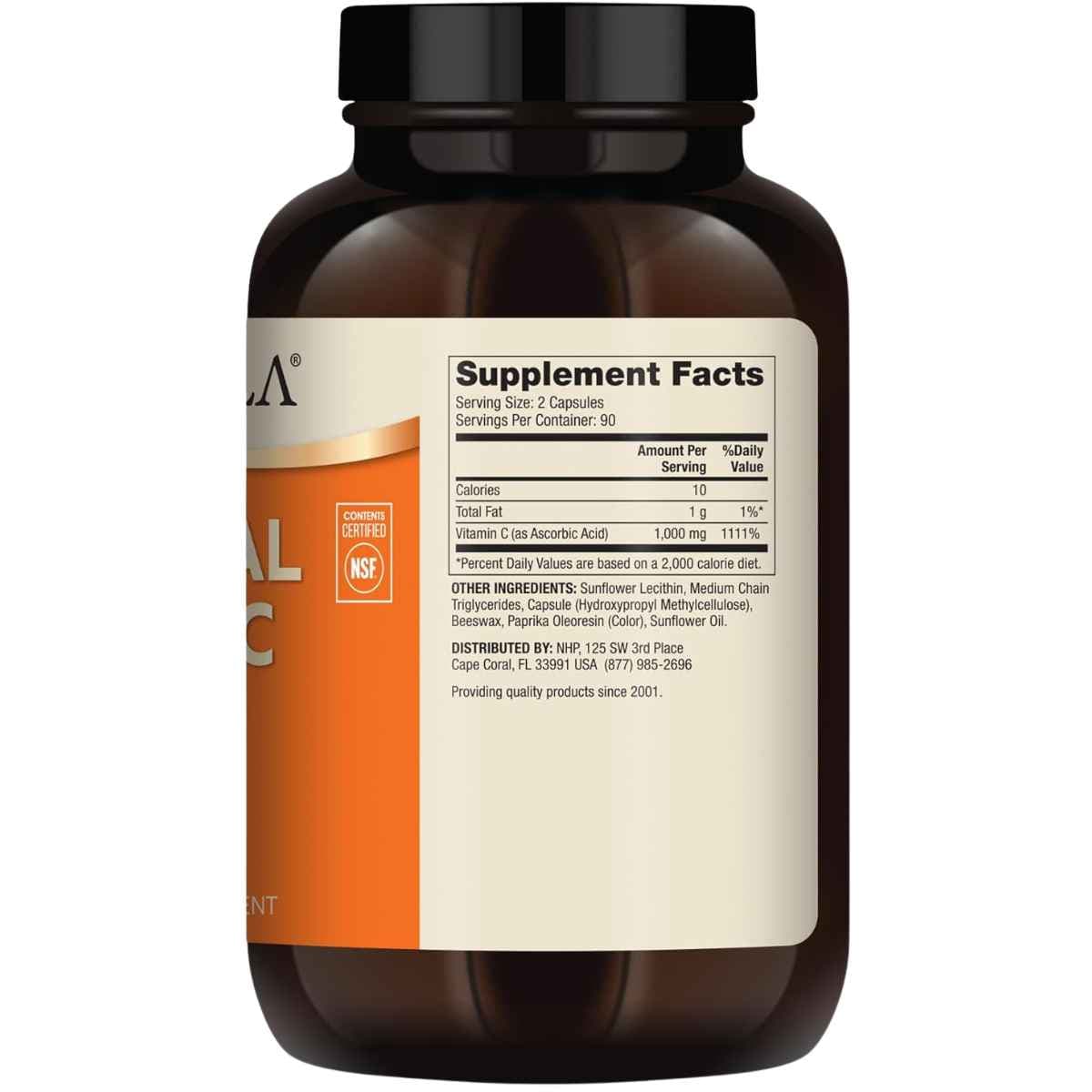 Tabla nutricional del suplemento DR. MERCOLA Vitamina C Liposomal 1000 mg 180 cápsulas