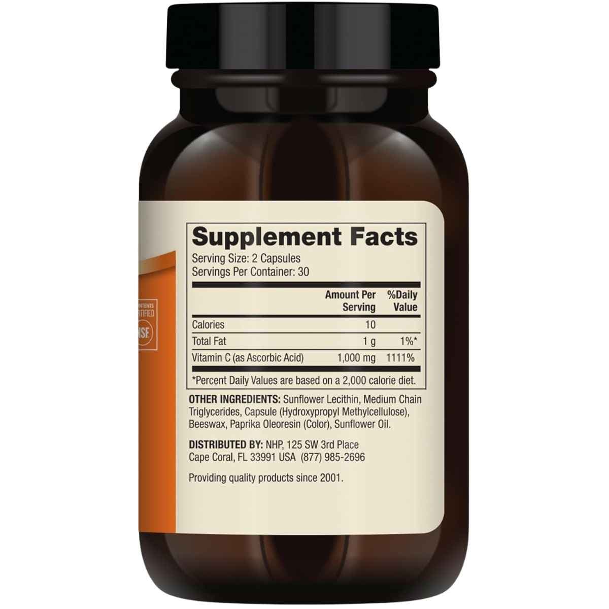 Tabla nutricional del suplemento Dr. Mercola Vitamina C Liposomal 60 cápsulas