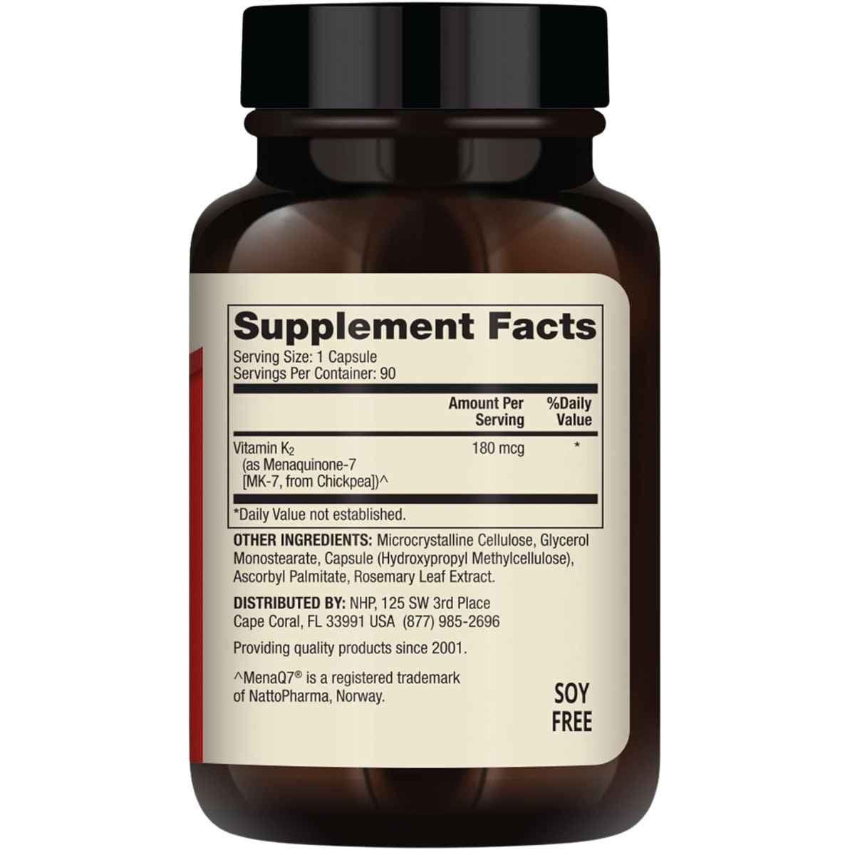 Tabla nutricional del suplemento Dr. Mercola Vitamina K2 180 mcg 90 cápsulas