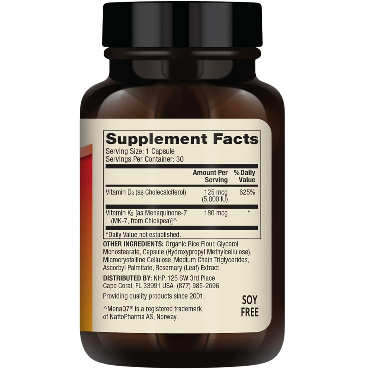 Tabla nutricional del suplemento Dr. Mercola Vitaminas D3 y K2 30 cápsulas