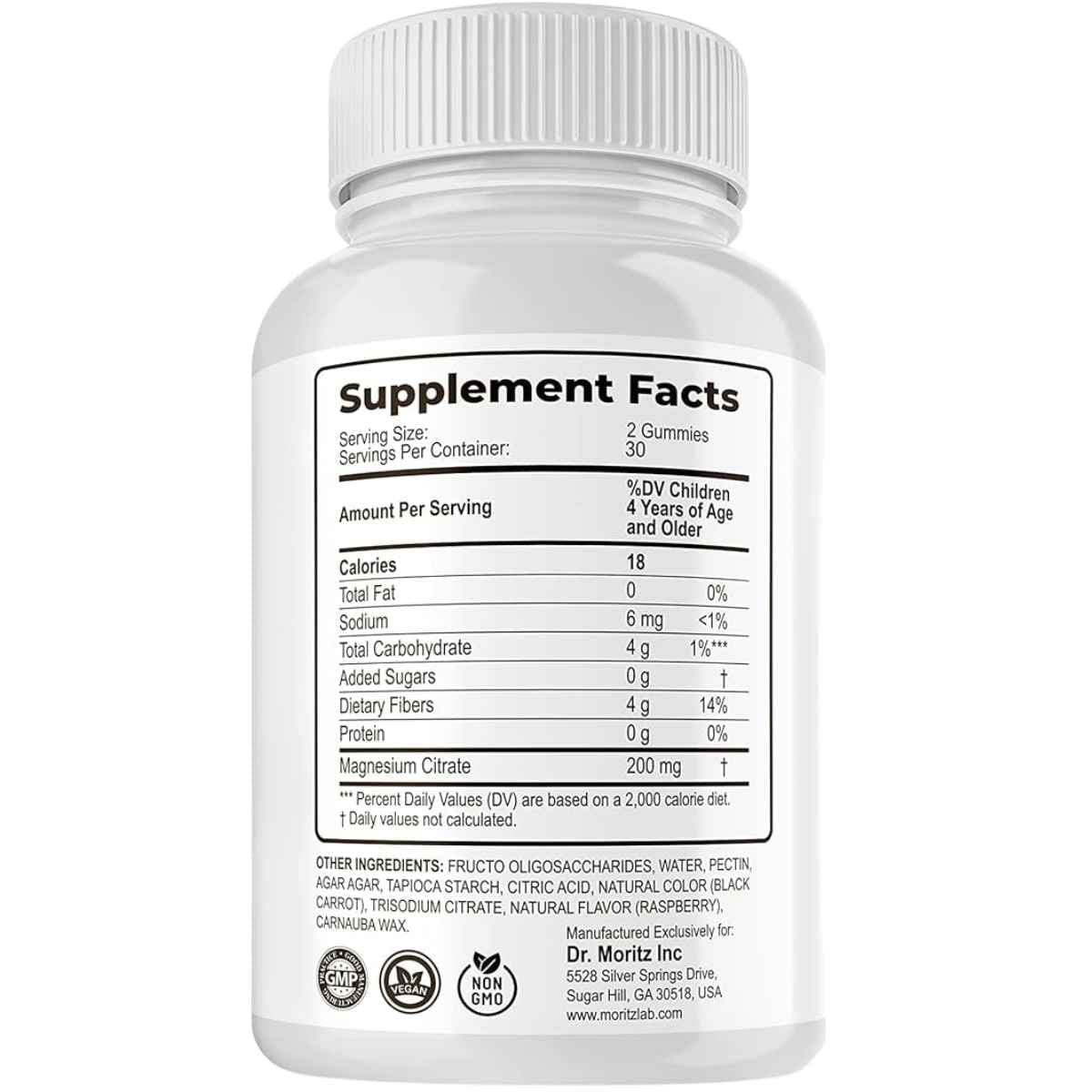 Tabla nutricional del suplemento Dr. Moritz Citrato de Magnesio en Gomitas Sabor Frambuesa 60 Gomitas