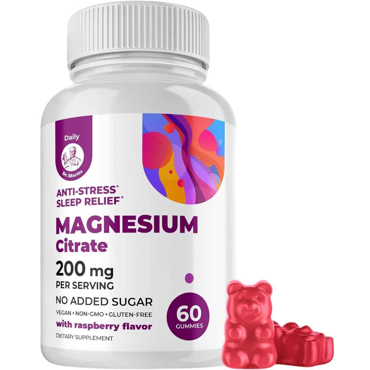 Frasco de suplemento Dr. Moritz Citrato de Magnesio en Gomitas Sabor Frambuesa 60 Gomitas