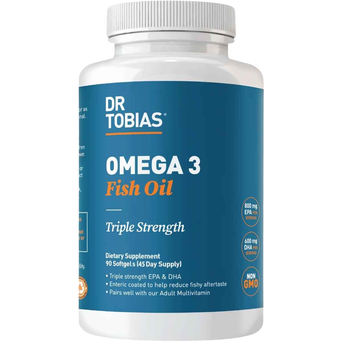 Frasco de suplemento Dr. Tobias Aceite de Pescado Omega 3 2000 mg 90 cápsulas blandas