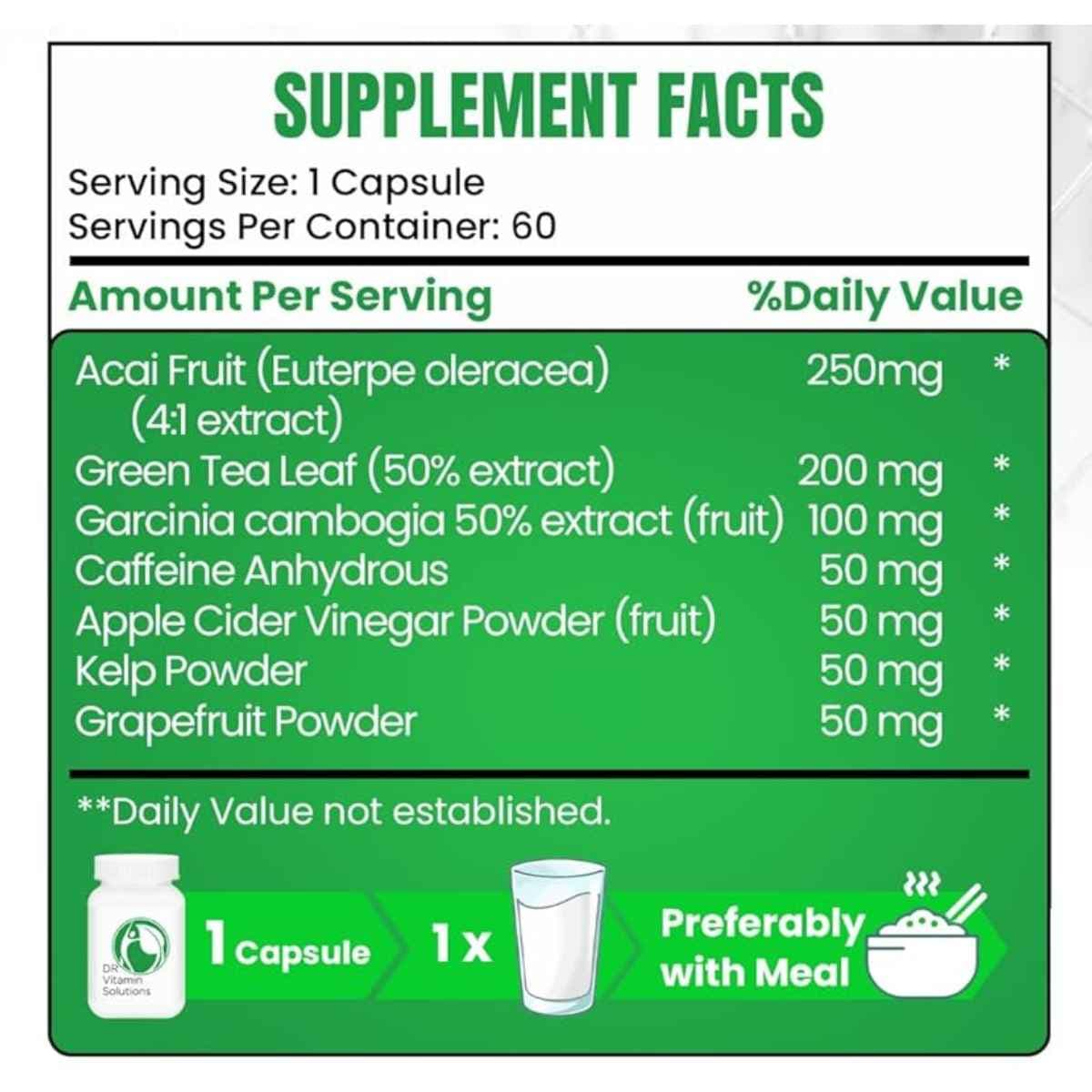 Etiqueta Supplement Facts de Dr Vitamin Solutions Brazilian Lean con ingredientes activos por cápsula