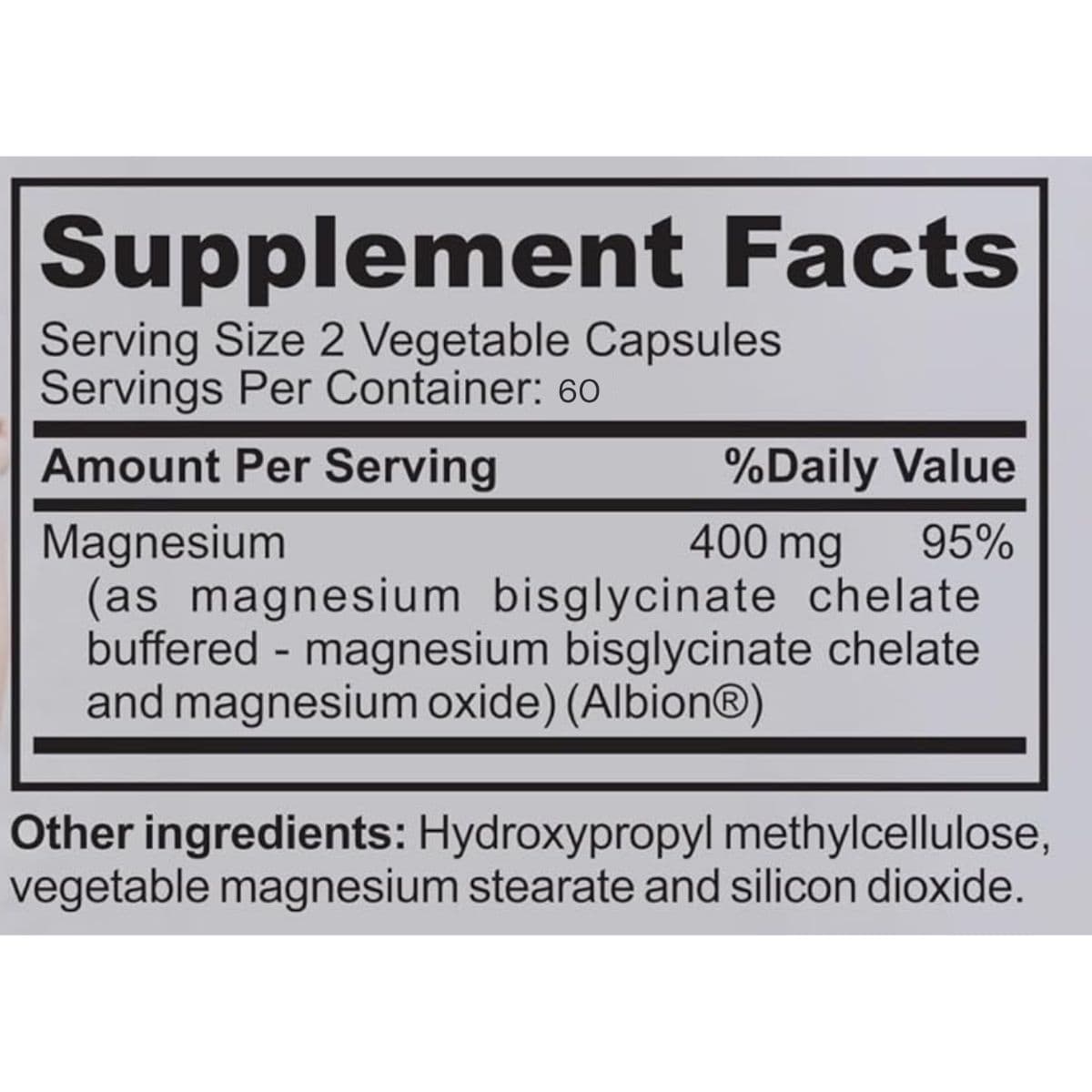 Panel de información del suplemento de Dr Vitamin Solutions Magnesio bisglicinato, con datos de porción e ingredientes, presentación de 120 cápsulas