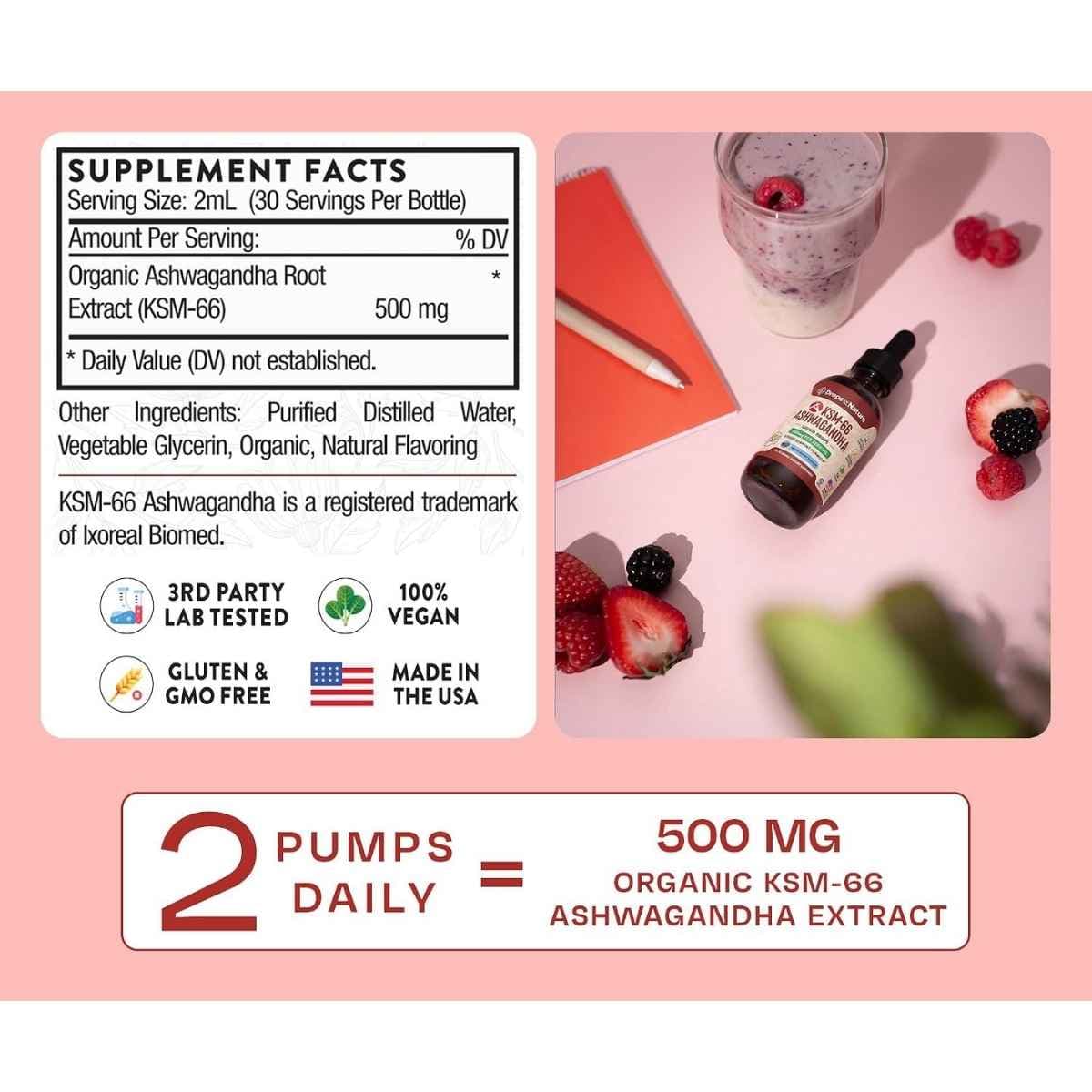 Panel de información de Drops Of Nature KSM-66 Ashwagandha con 500 mg por porción de 2 ml.